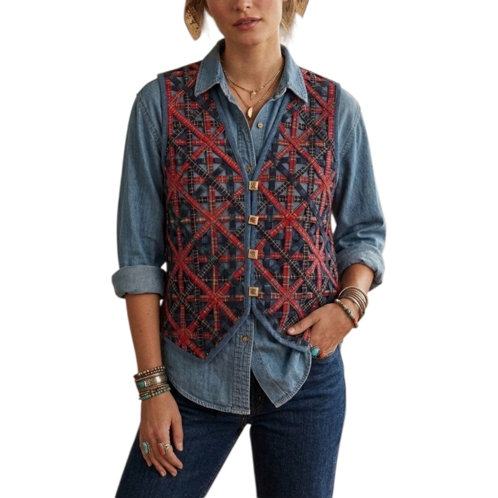 Victoria Jones Vtg 90s Plaid Patchwork Lattice Vest Denim Trim Petite L (PL)
